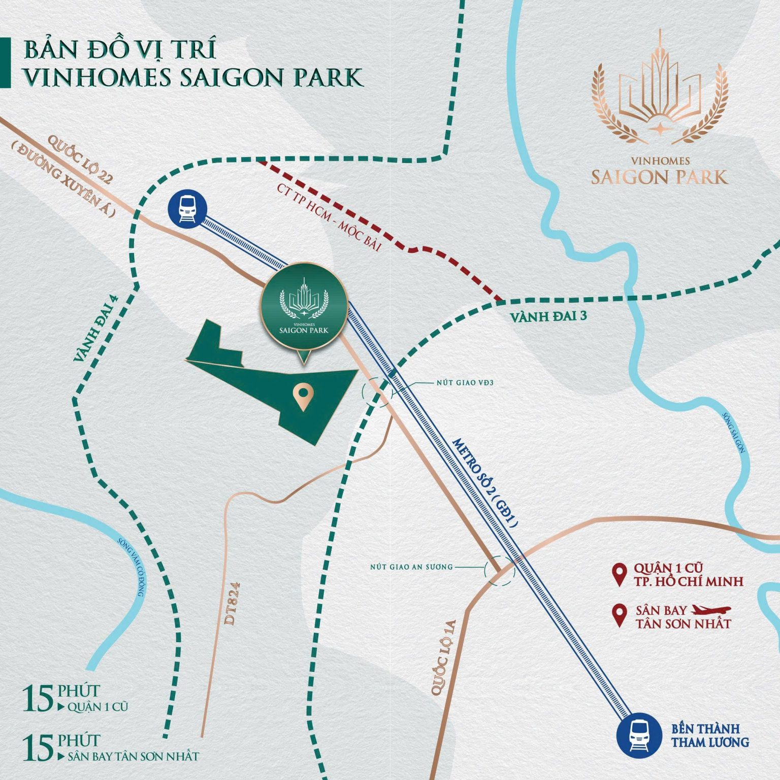 Bản đồ vị trí Vinhomes Saigon Park – Vành đai 3 Hóc Môn, Metro số 2, Quốc lộ 22